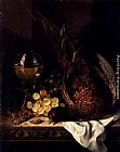Still Life with a Pheasant, Grapes, Hazelnuts and a Hock Glass on a wooden Ledge by Edward Ladell